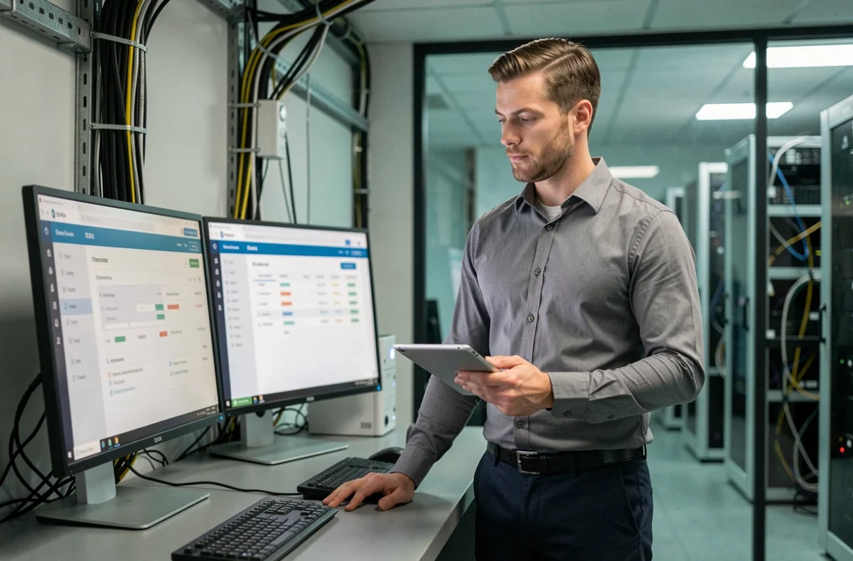 Responsable informatique analysant un tableau de bord RH sur écran double moniteur illustrant la gestion des accès employeurs