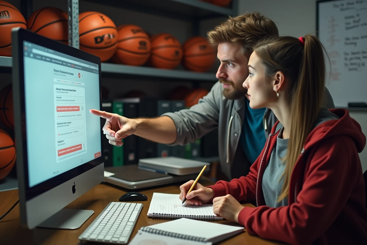 Deux responsables de club de basket étudiant des erreurs sur le portail extranet FBI V2 de la FFBB dans un bureau sportif