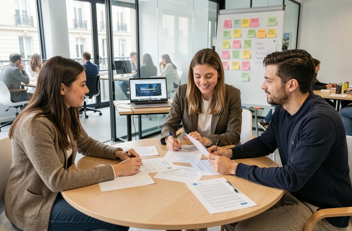 Groupe de jeunes professionnels discutant de dossiers de candidature stage et emploi dans une salle de réunion d'une agence digitale parisienne