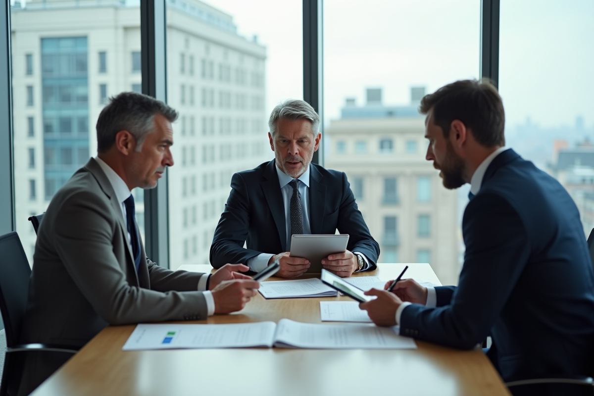Groupe de trois personnes discutant autour de documents juridiques