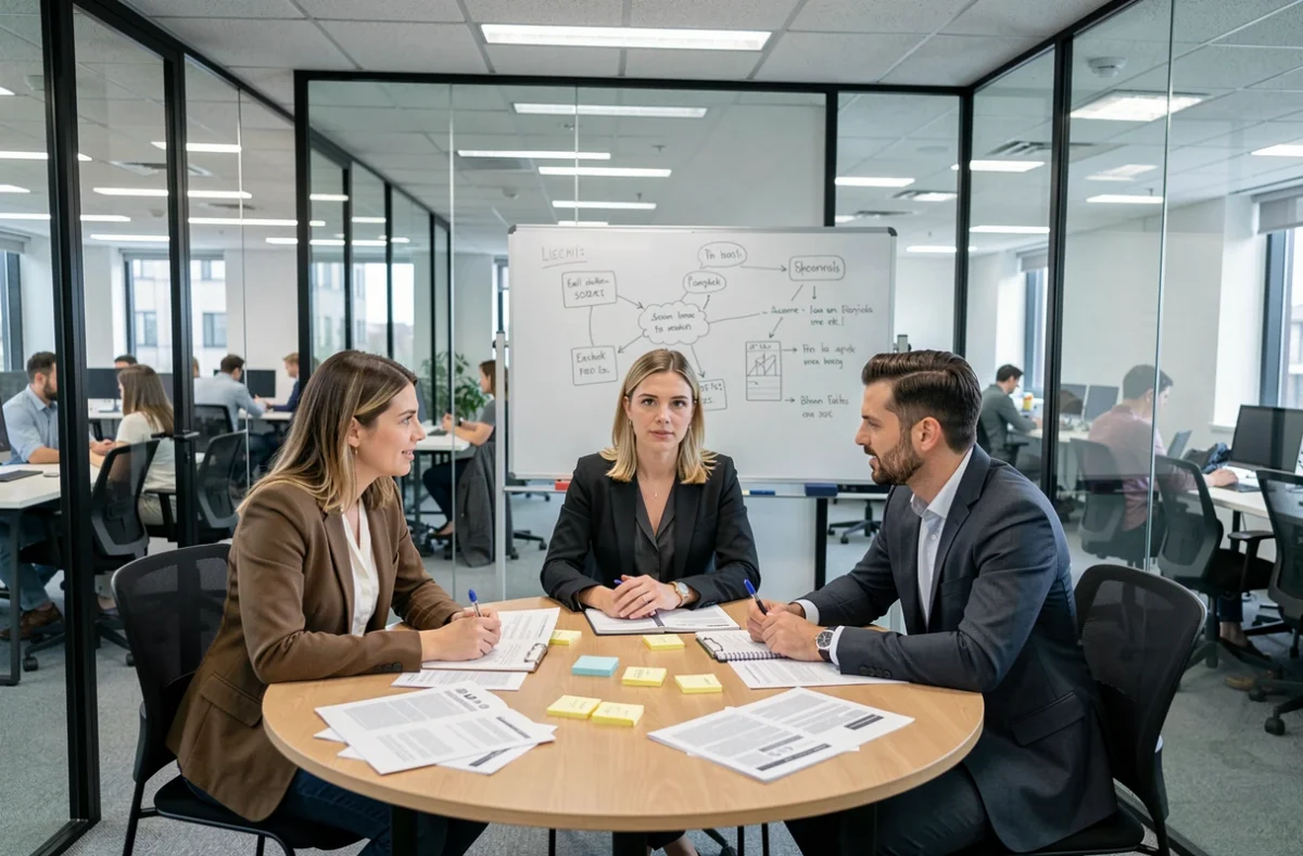 Réunion collaborative dans une salle de coworking vitrée avec tableau blanc et documents de travail