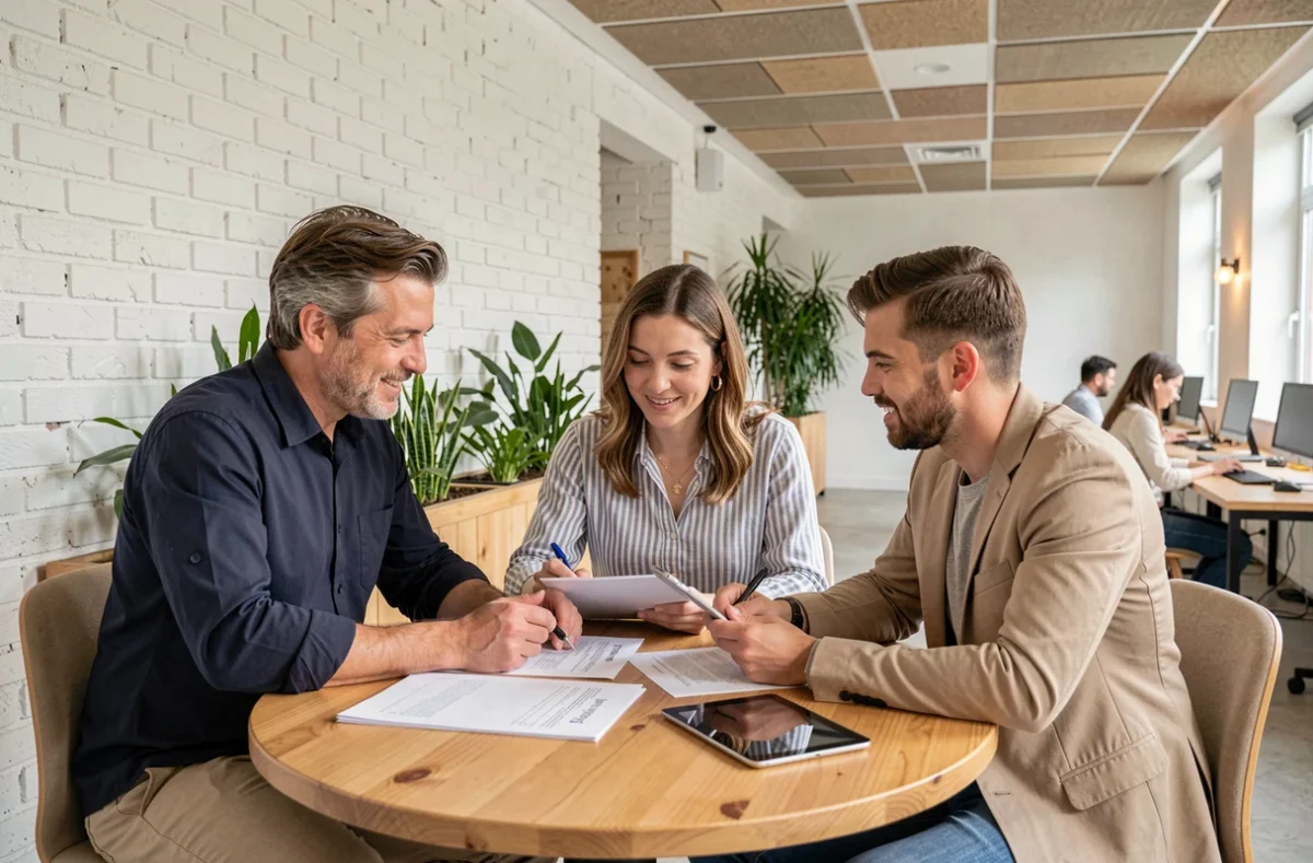 Groupe de professionnels en réunion collaborative dans un espace de coworking à Castelnau-le-Lez