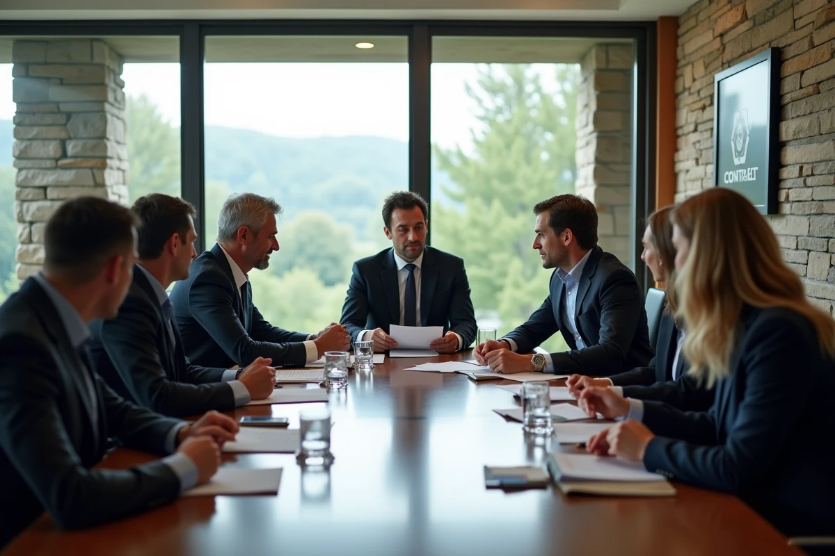 Groupe de dirigeants en réunion dans une salle élégante