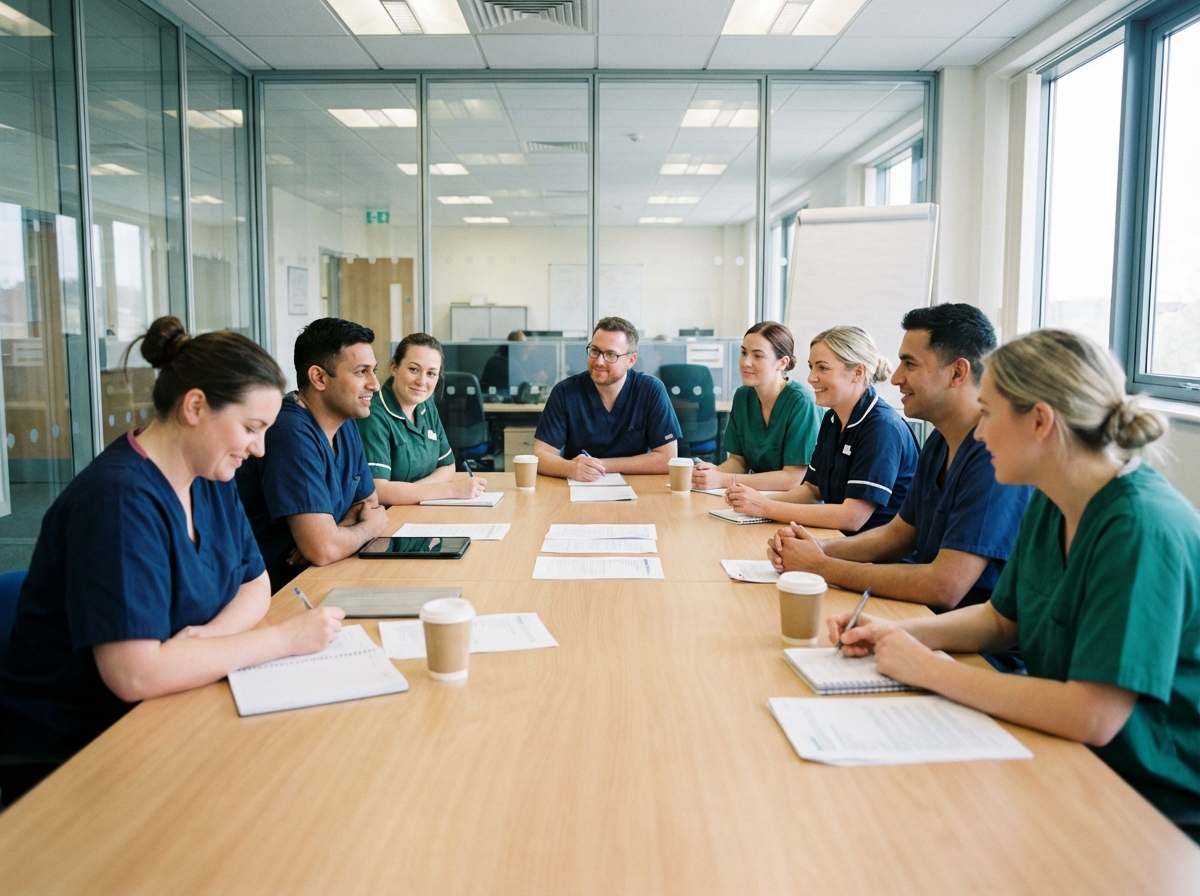 Groupe d aides-soignants en r&eacute;union dans une salle