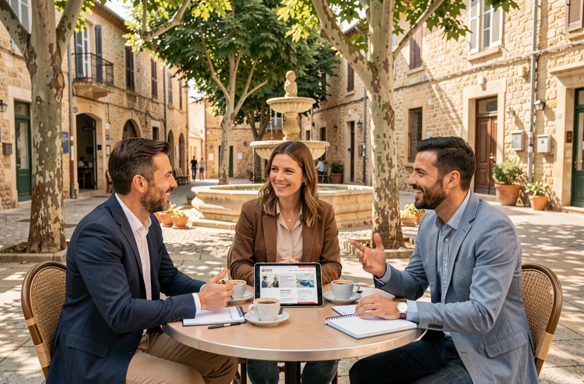 Professionnels indépendants discutant du portage salarial en terrasse dans le centre historique d'Aubagne