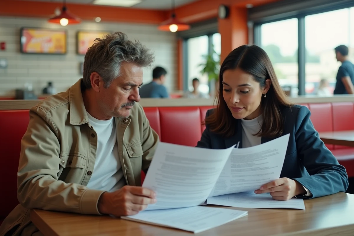 Homme et femme lisant des documents confidentiels au restaurant