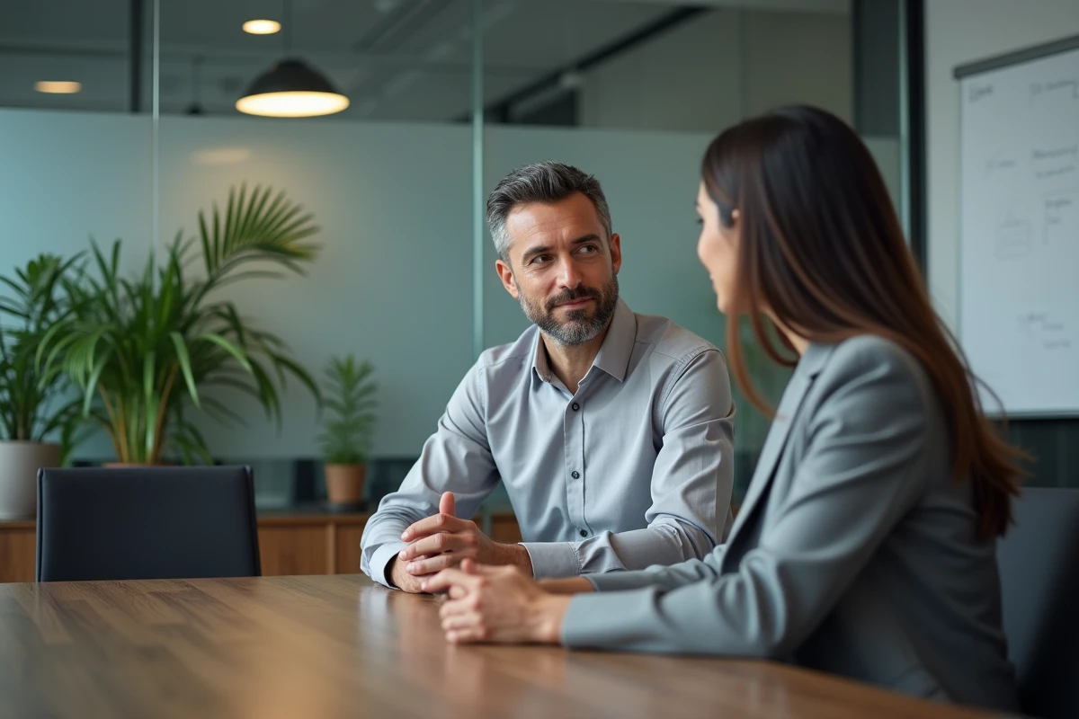 Réunion professionnelle entre un employé et un responsable RH pour discuter d'une rupture conventionnelle