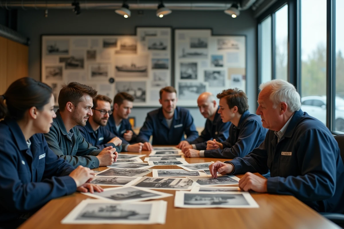 Groupe de travailleurs du transport en réunion avec photos anciennes
