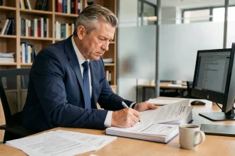 Homme en costume signant des documents de fin de contrat de travail dans un bureau professionnel