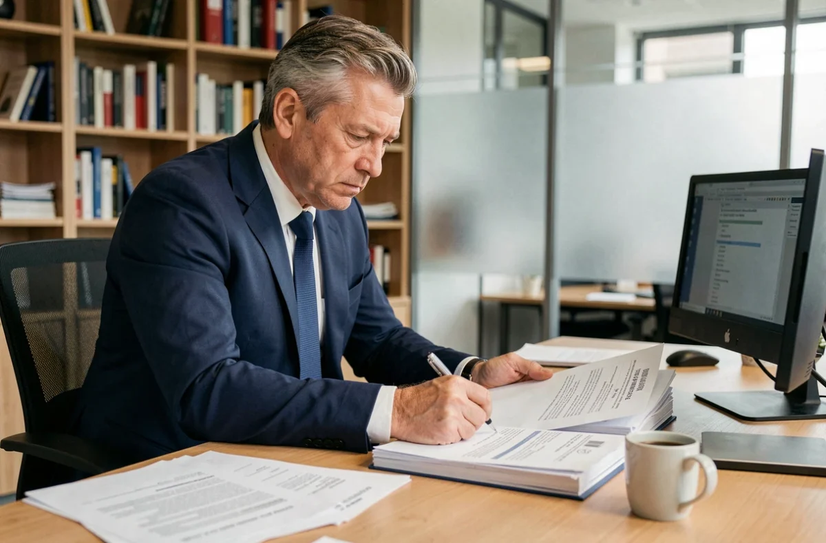 Homme en costume signant des documents de fin de contrat de travail dans un bureau professionnel