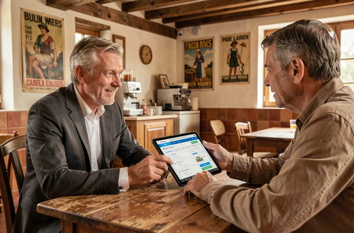 Conseiller Solocal présentant des solutions de visibilité digitale à un commerçant local