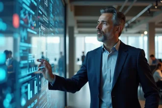 Stratège B2B masculin analysant un réseau de données IA sur écran interactif dans un bureau moderne en open space