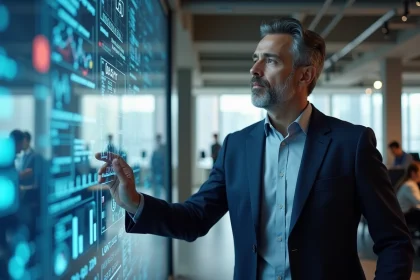 Stratège B2B masculin analysant un réseau de données IA sur écran interactif dans un bureau moderne en open space