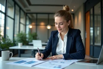 Professionnelle en entreprise analysant une stratégie de communication B2B sur des documents imprimés dans un bureau moderne