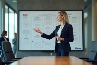 Dirigeante présentant une stratégie de transformation en réunion de direction dans une entreprise de taille intermédiaire