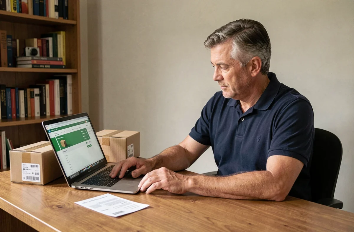 Homme consultant le suivi de colis en retard sur ordinateur portable à son bureau à domicile