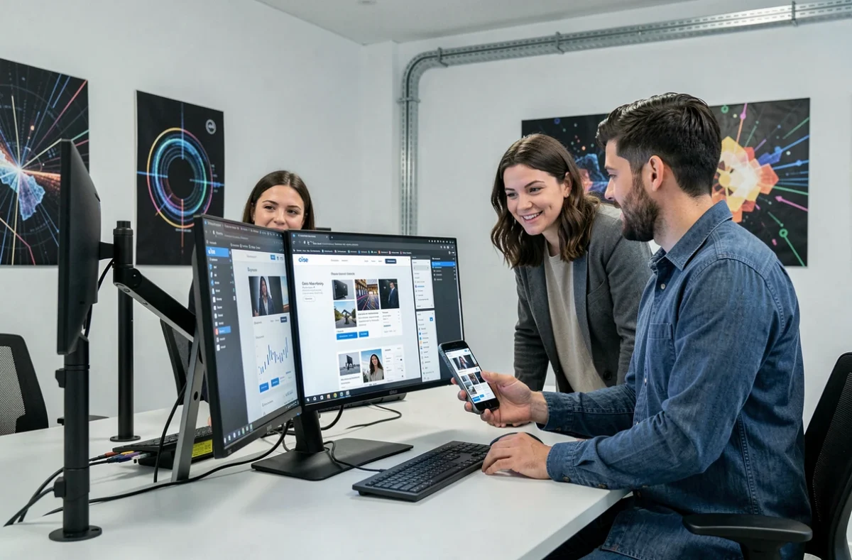 Équipe de Synerium dans l'Oise collaborant sur des solutions web et digitales sur un poste de travail multi-écrans