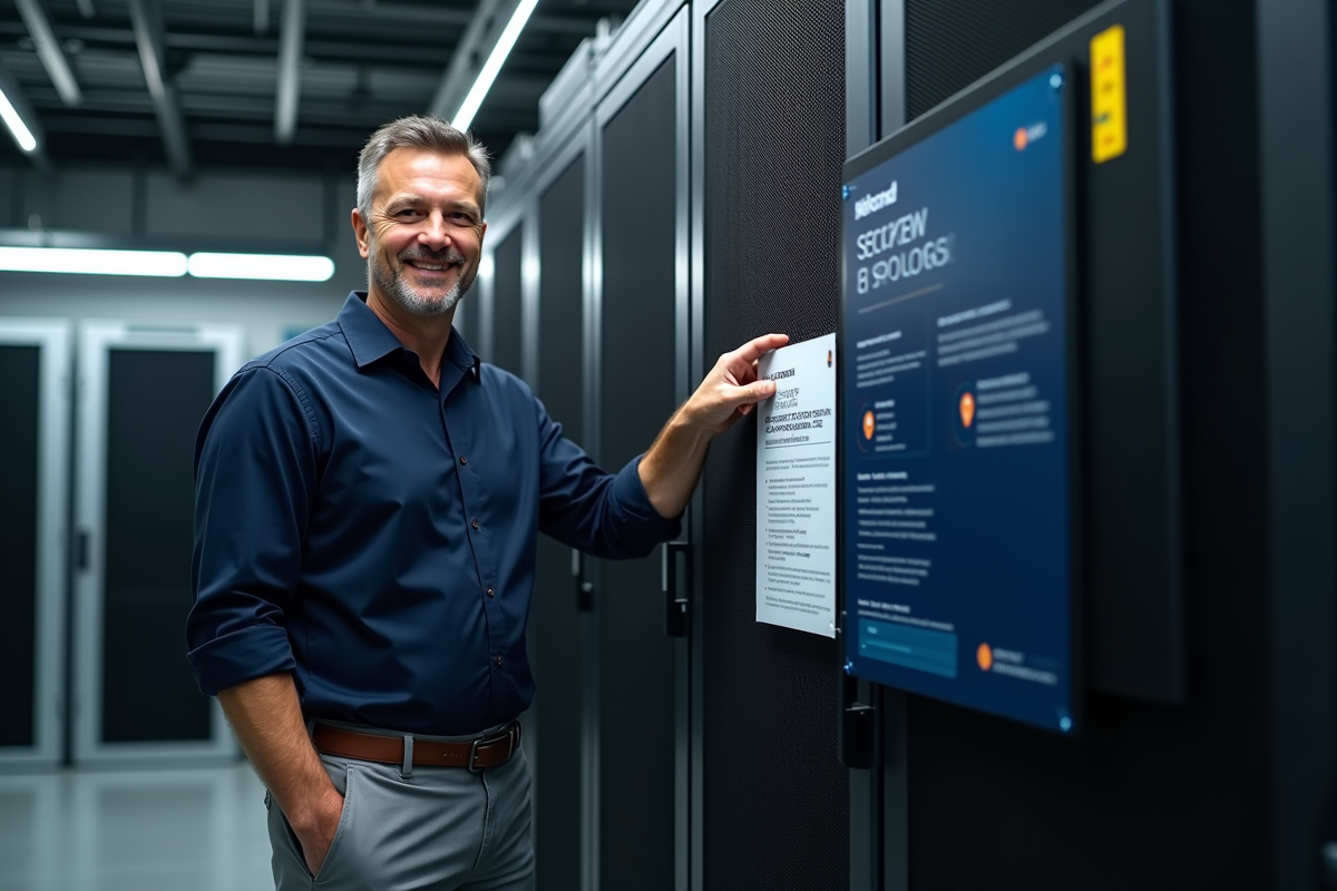 Technicien informatique vérifiant une affiche de sécurité