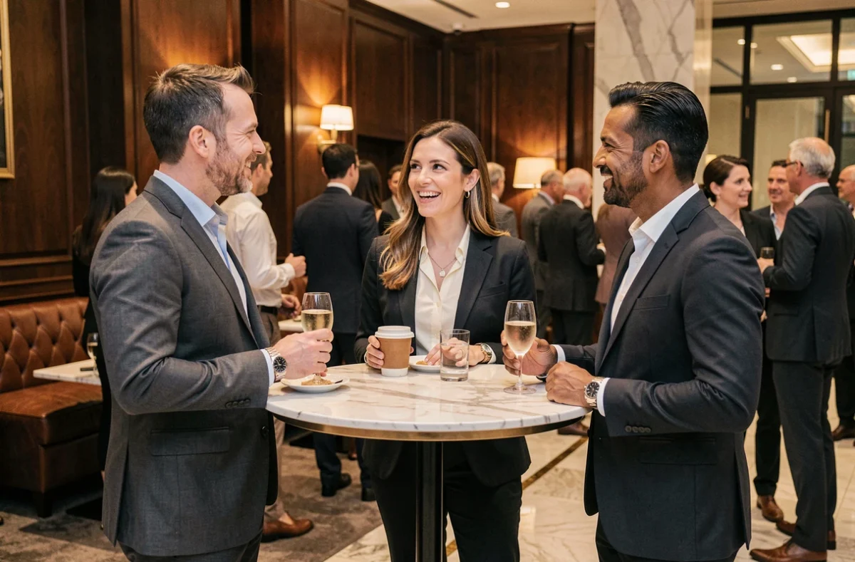 Trio de commerciaux en conversation lors d'un cocktail de networking B2B dans un espace hôtelier haut de gamme