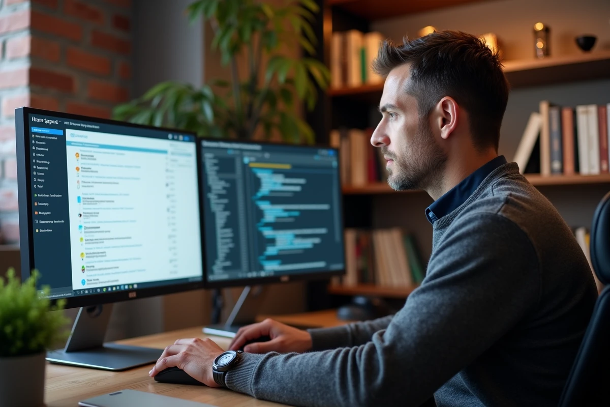 Un utilisateur masculin consulte l'interface de tickets CegidLife sur un double écran dans un bureau à domicile