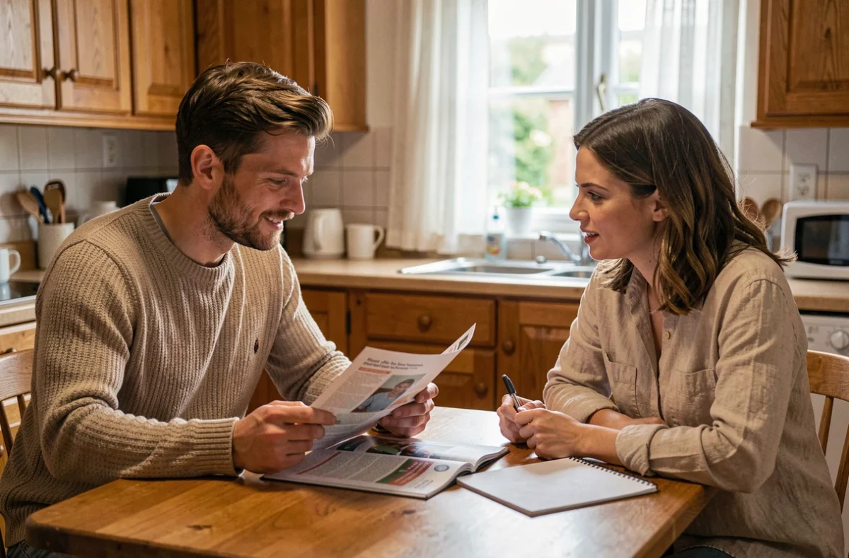 Vendeur à domicile en reconversion professionnelle présentant un catalogue à un client dans une cuisine familiale