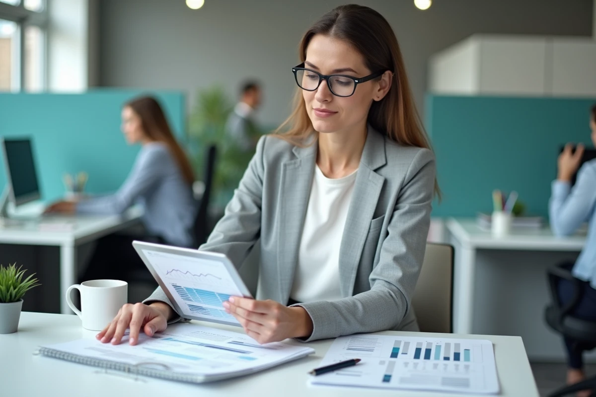 Femme cadre vérifiant sa prime d'intéressement sur des documents financiers dans un bureau moderne