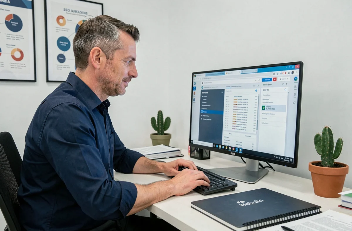 Consultant SEO de Webalia analysant des rapports de positionnement pour des clients locaux